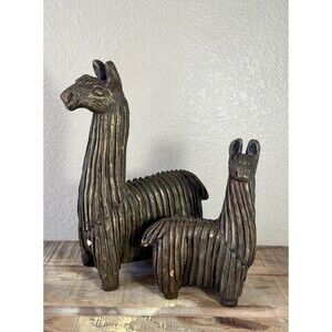1970s Stoneware Set Llamas Fabbri Art Studios Peruvian Greenish Bronze Textured